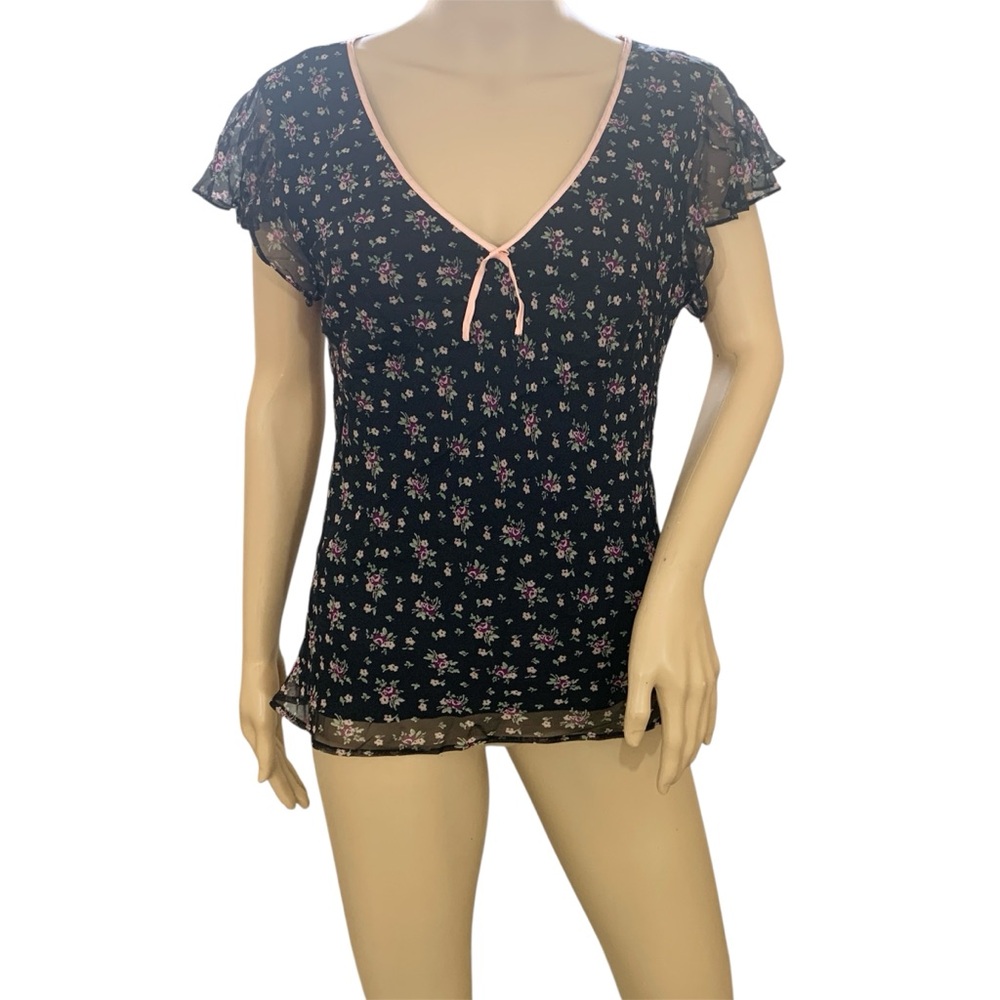 Vtg Robbie Bee Womens Blouse Size 12 100% Silk V Neck Floral Top Flutter Sleeve